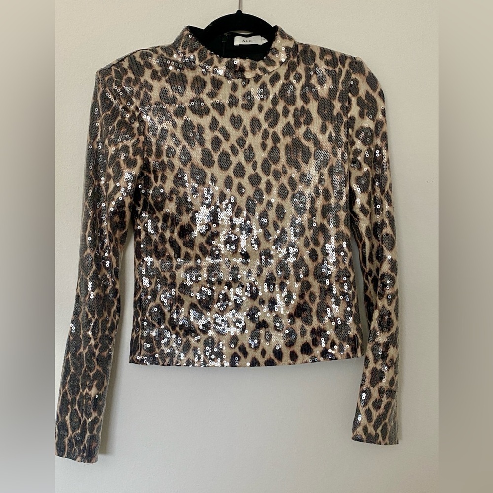A.L.C. Marshall Sequin Leopard Print Long Sleeve Top Cropped Y2K Glam - Picture 2 of 8